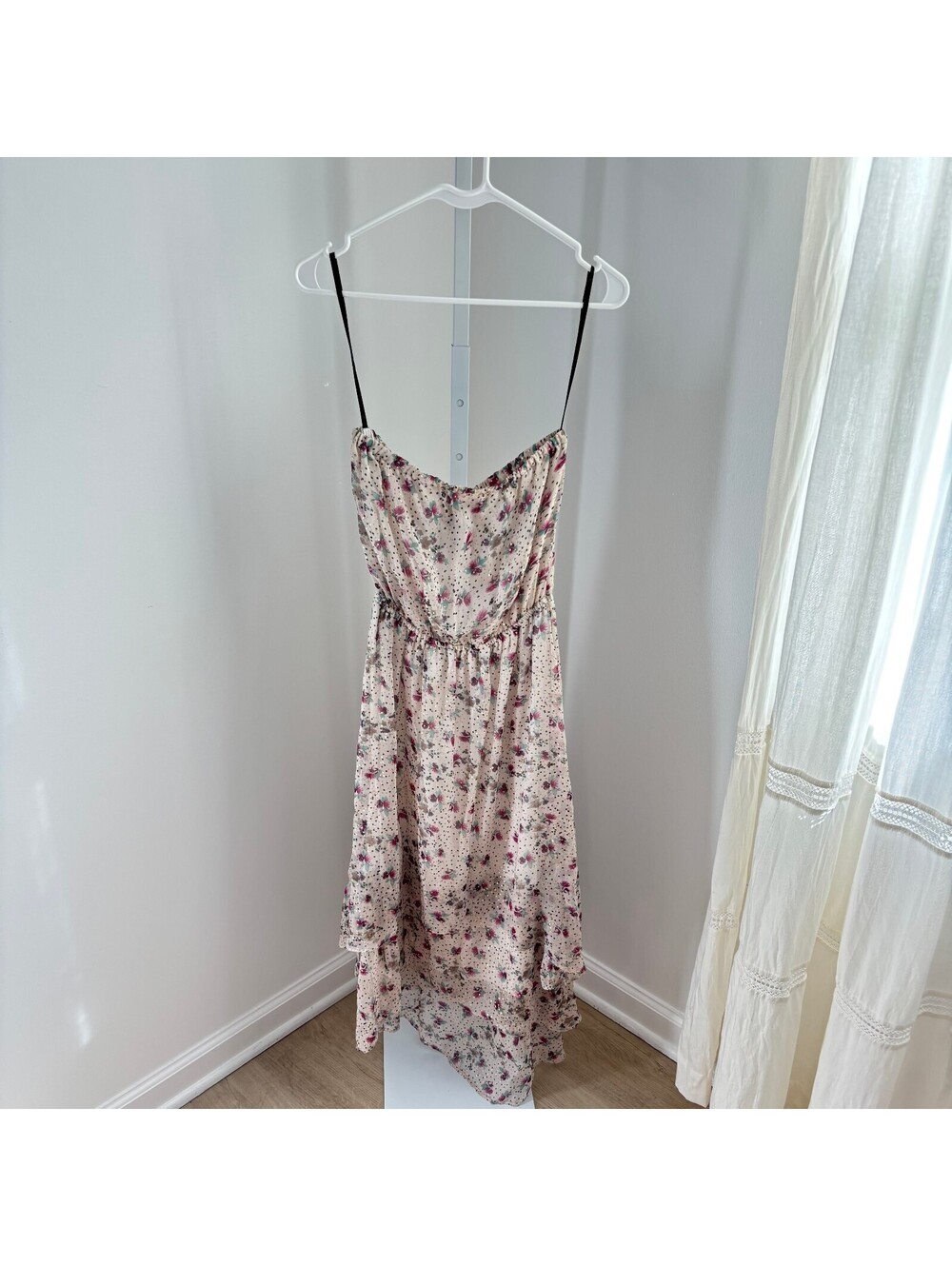 Ella Moss EUC Women's Strapless Cream Floral Gold Metallic Polka Dot Sundress S